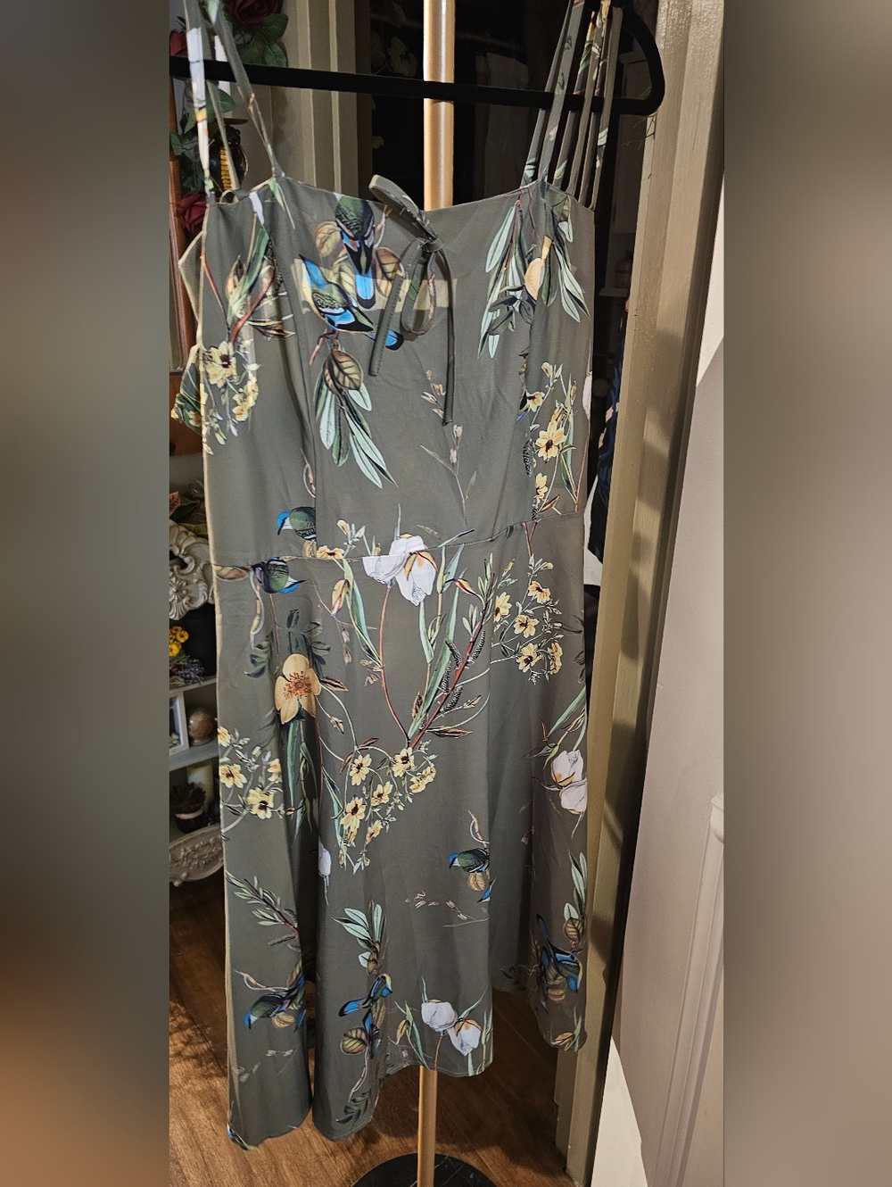 Floral Smocked Back Midi Dress in Olive Green